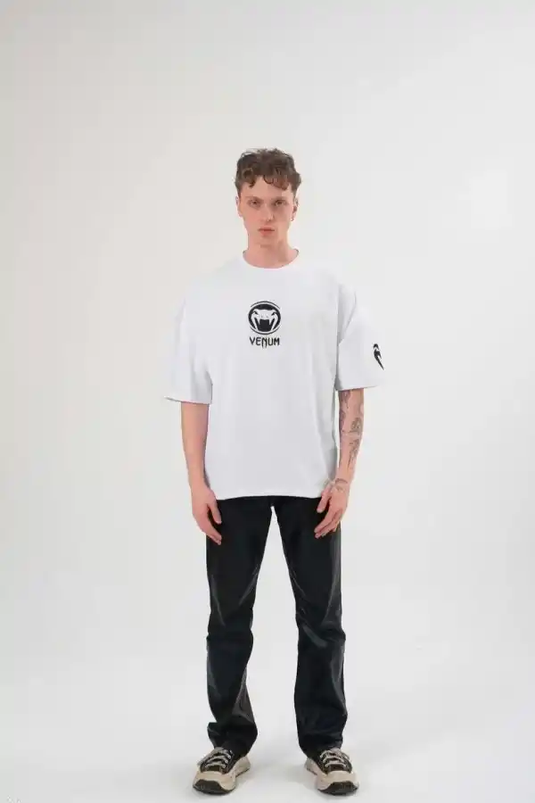 Erkek Kısa Kol Tişört Göğüs ve Kol Bisiklet Yaka Baskılı T-Shirt - Beyaz