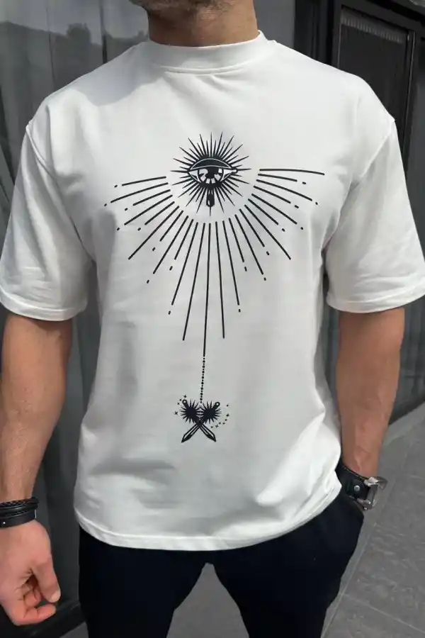 Erkek Kısa Kol Tişört Bisiklet Yaka GÜL Baskılı Oversize T-Shirt - Beyaz