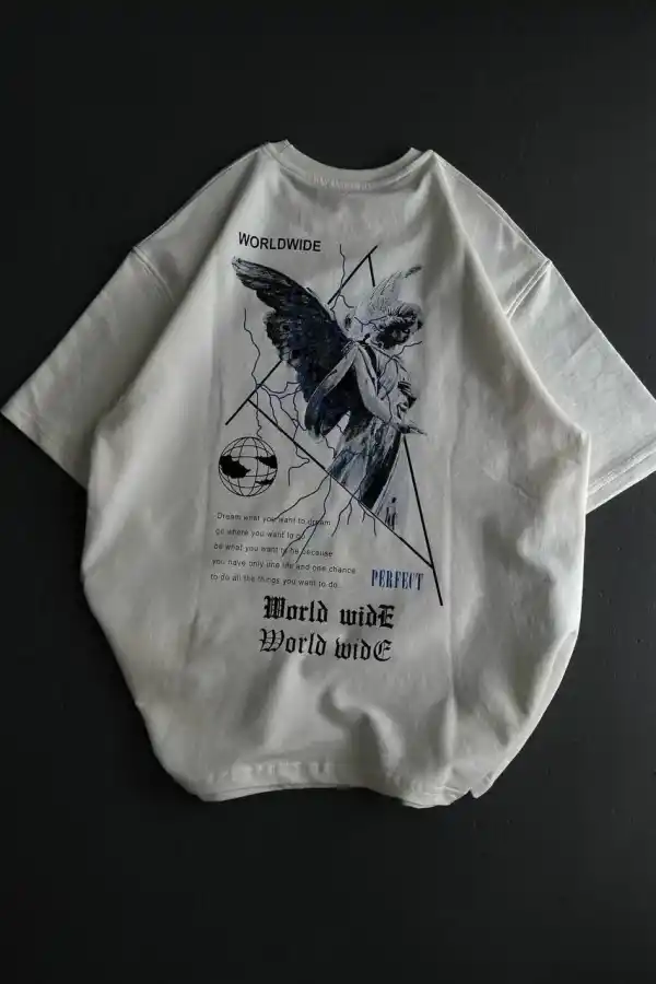 Kadın Baskılı T-Shirt Kısa Kol Bisiklet Yaka Oversize Rahat Kalıp Günlük Tişört   - Beyaz