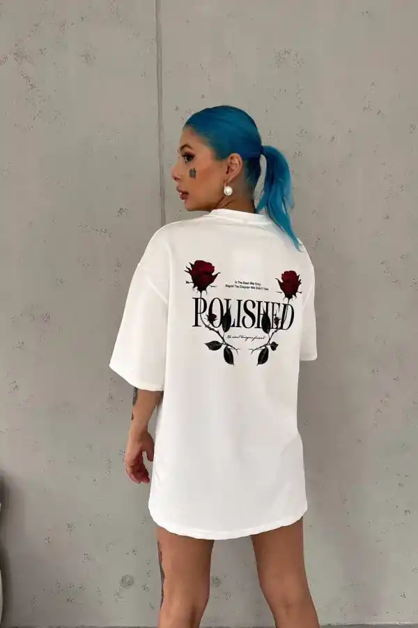 Kadın Bisiklet Yaka Baskılı Kısa kol Oversize T-Shirt - Beyaz