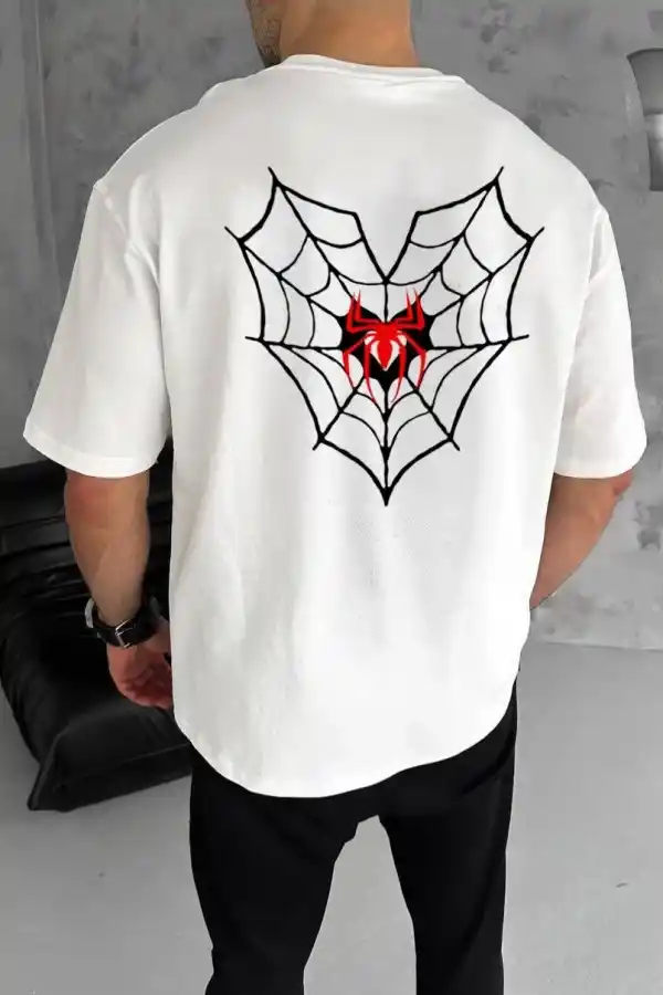 Erkek Kısa Kol Tişört Bisiklet Yaka ÖRÜMCEK Baskılı Oversize T-Shirt - Beyaz