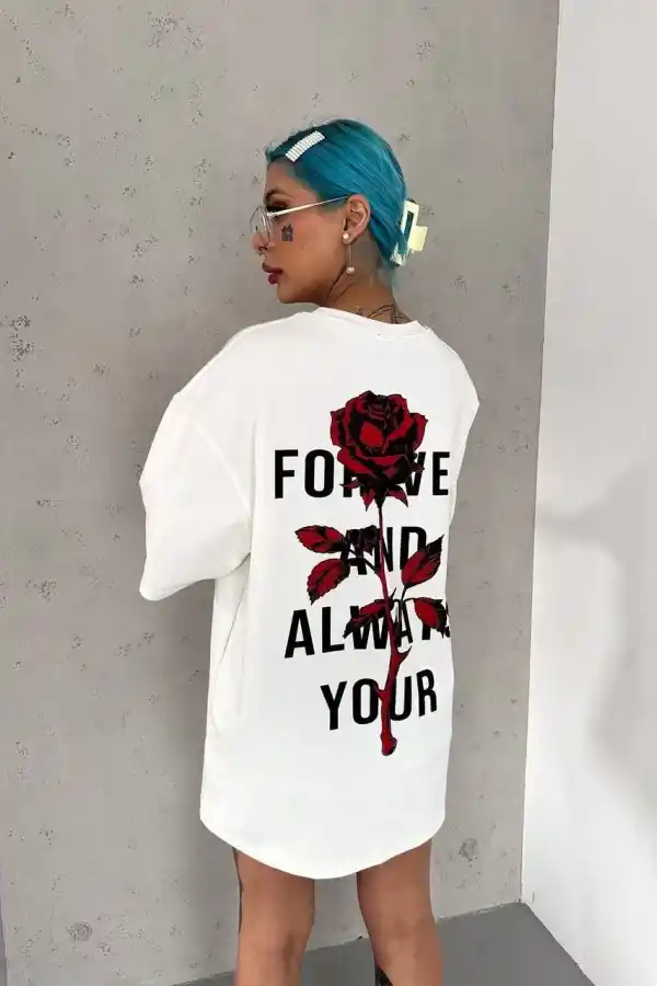 kadın Bisiklet Yaka Baskılı Oversize Kısa kol  T-Shirt - Beyaz
