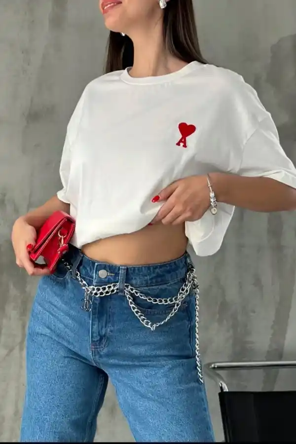 Kadın Tişört Bisiklet Yaka Baskılı Oversize Kısa Kol T-Shirt - Beyaz