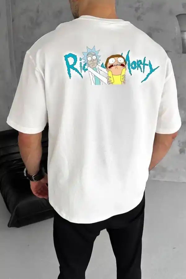 Erkek Kısa Kol Tişört Bisiklet Yaka RİCK AND MORTY Baskılı T-Shirt - Beyaz