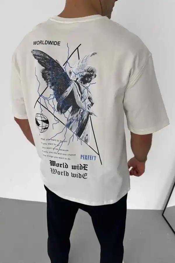 Erkek Yazlık Baskılı Tişört Bisiklet Yaka Kısa Kol Regular Fit T-Shirt - Beyaz