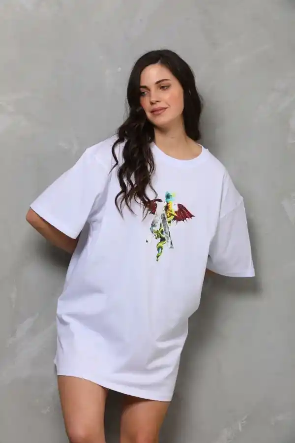 Kadın Baskılı T-Shirt Kısa Kol Bisiklet Yaka Regular Fit Rahat Kalıp Günlük Tişört - Beyaz