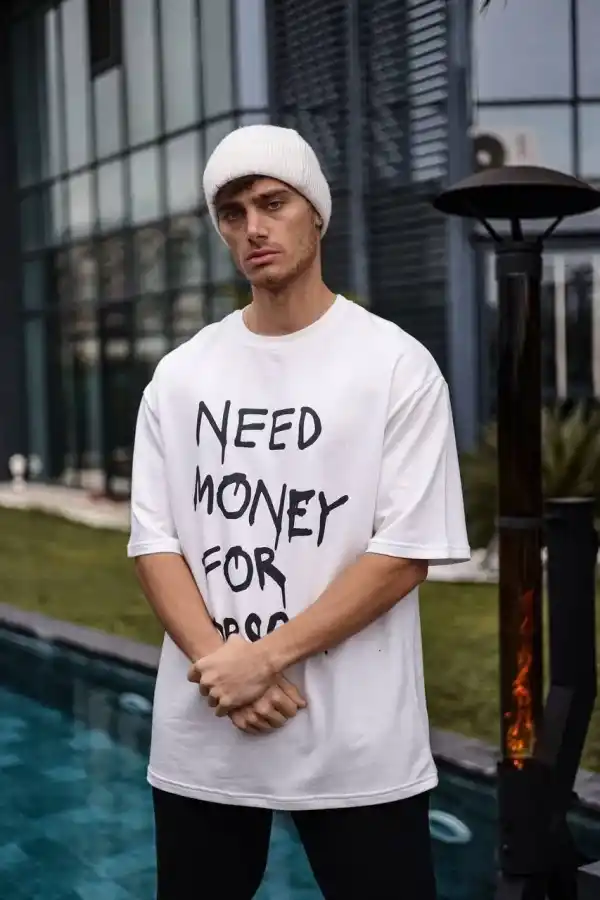 Erkek Kısa Kol Yazlık Tişört Bisiklet Yaka Baskılı Oversize T-Shirt - Beyaz