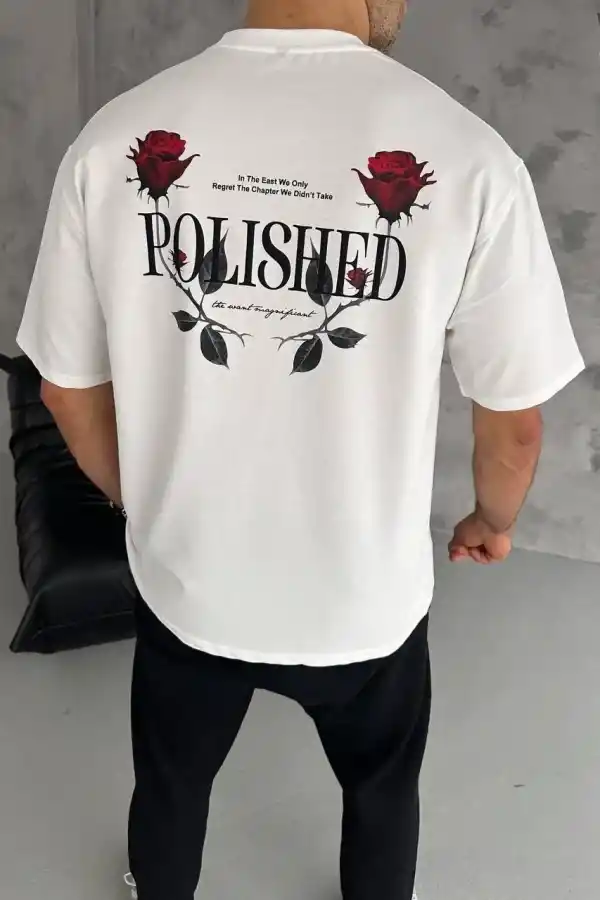 Erkek Kısa Kol Yazlık Tişört Bisiklet Yaka Baskılı Oversize T-Shirt - Beyaz