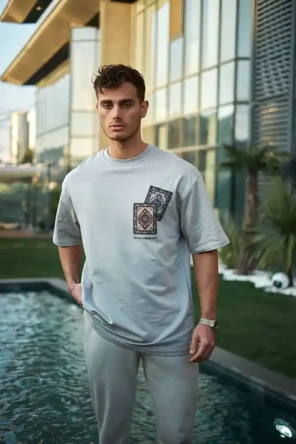 Erkek Kısa Kol Yazlık Tişört Bisiklet Yaka Baskılı Oversize T-Shirt - Boyalı Gri
