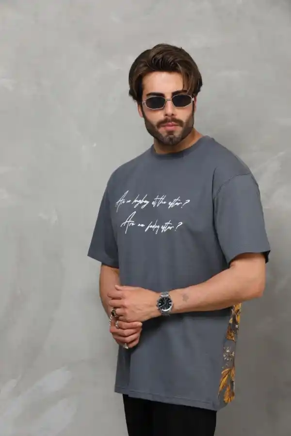 Erkek Kısa Kol Yazlık Tişört Bisiklet Yaka Baskılı Oversize T-Shirt - Füme