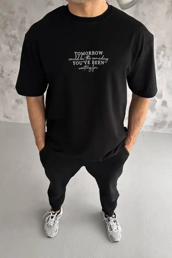 Erkek Kısa Kol Yazlık Tişört Bisiklet Yaka Baskılı Oversize T-Shirt - Siyah