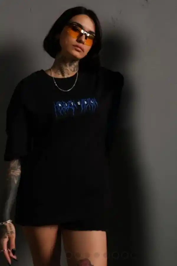 kadın Bisiklet Yaka Baskılı Oversize  Kısa kol T-Shirt - Siyah