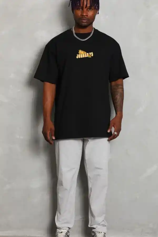 Erkek Kısa Kol Yazlık Tişört Bisiklet Yaka Baskılı Oversize T-Shirt - Siyah