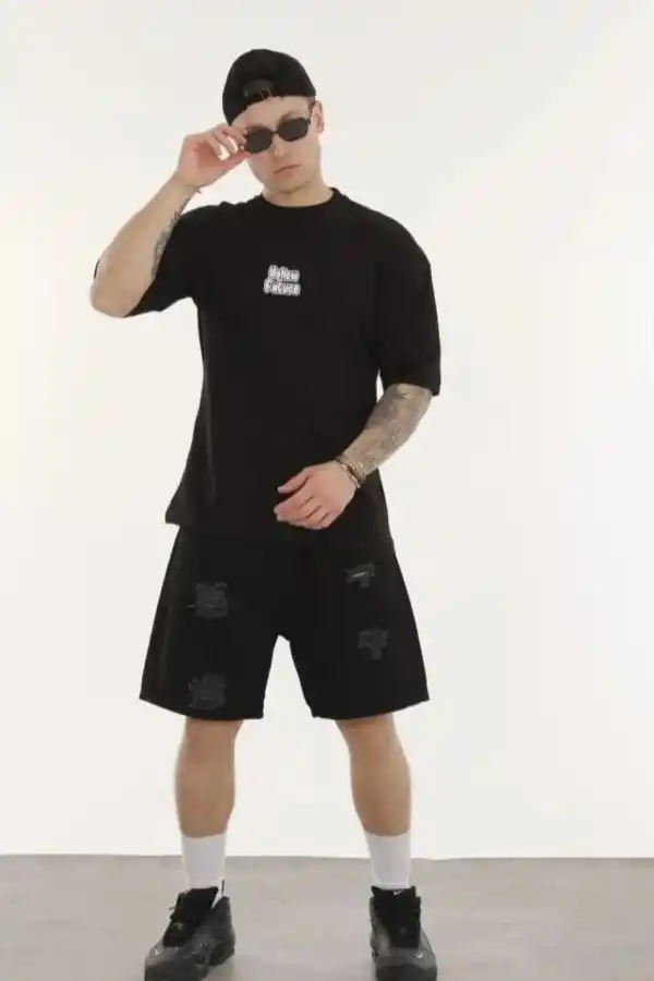 Erkek Kısa Kol Yazlık Tişört Bisiklet Yaka Baskılı Oversize T-Shirt - Siyah