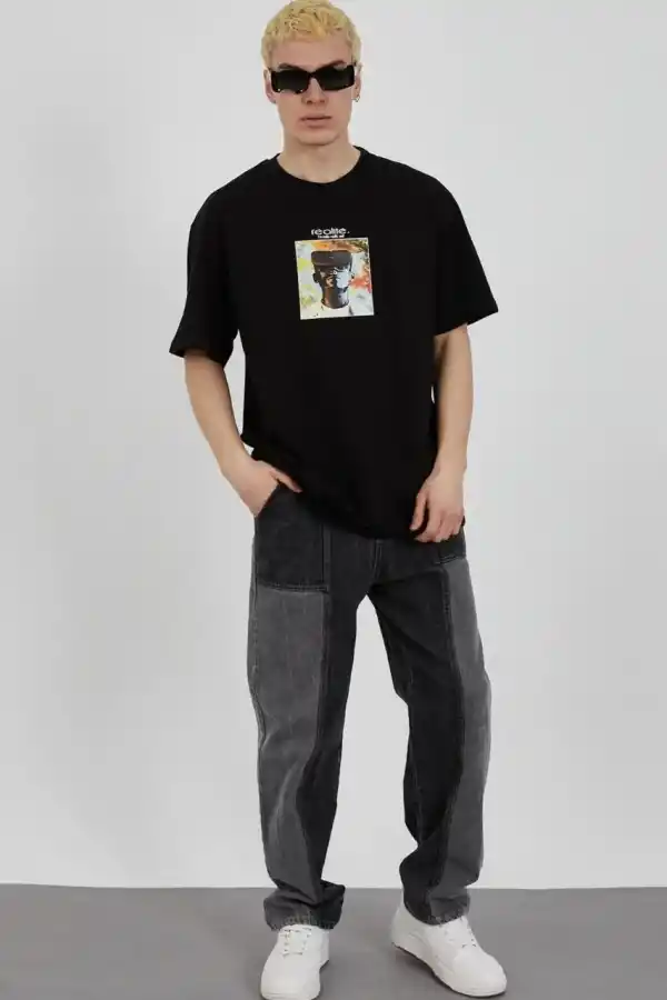 Erkek Kısa Kol Yazlık Tişört Bisiklet Yaka Baskılı Oversize T-Shirt - Siyah