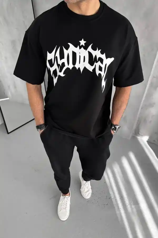 Erkek Tişört Bisiklet Yaka Baskılı Oversize Kısa kol T-Shirt - Siyah