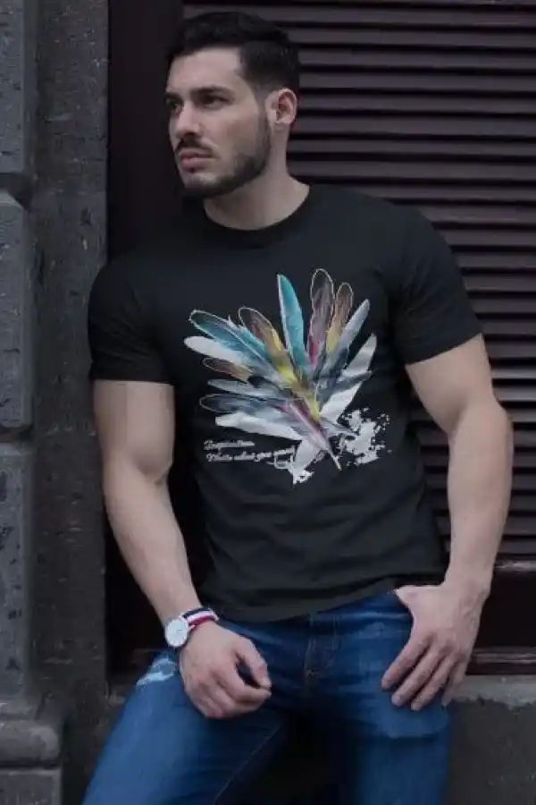 ERKEK Bisiklet Yaka Baskılı Kısa kol T-Shirt - Siyah