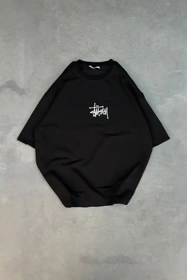 kadın Bisiklet Yaka Baskılı Oversize  Kısa kol T-Shirt - Siyah