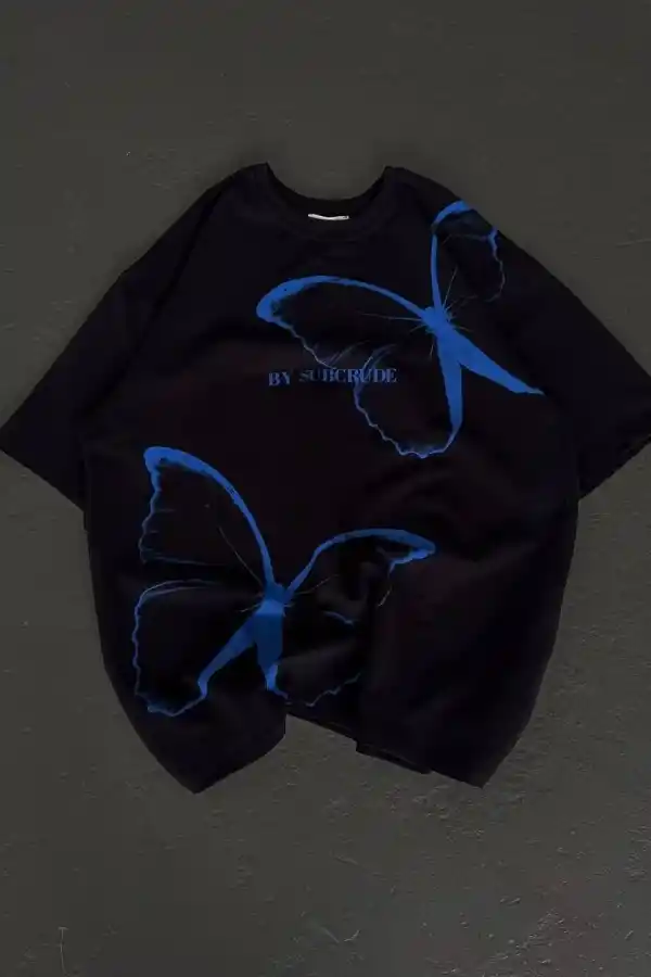 kadın Bisiklet Yaka Baskılı Oversize T-Shirt - Siyah