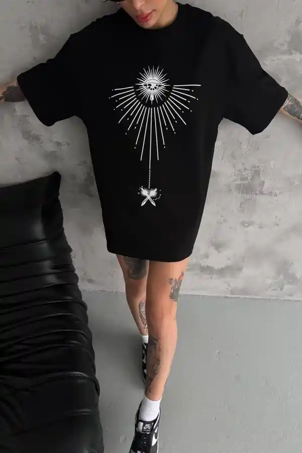 kadın Bisiklet Yaka Baskılı Oversize  Kısa kol T-Shirt - Siyah