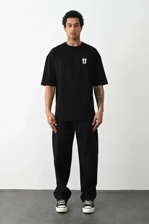 Erkek Kısa Kol Yazlık Tişört Bisiklet Yaka Baskılı Oversize T-Shirt - Siyah