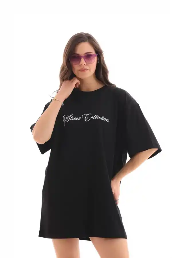 Kadın Baskılı T-Shirt Kısa Kol Bisiklet Yaka Oversize Rahat Kalıp Günlük Tişört - Siyah
