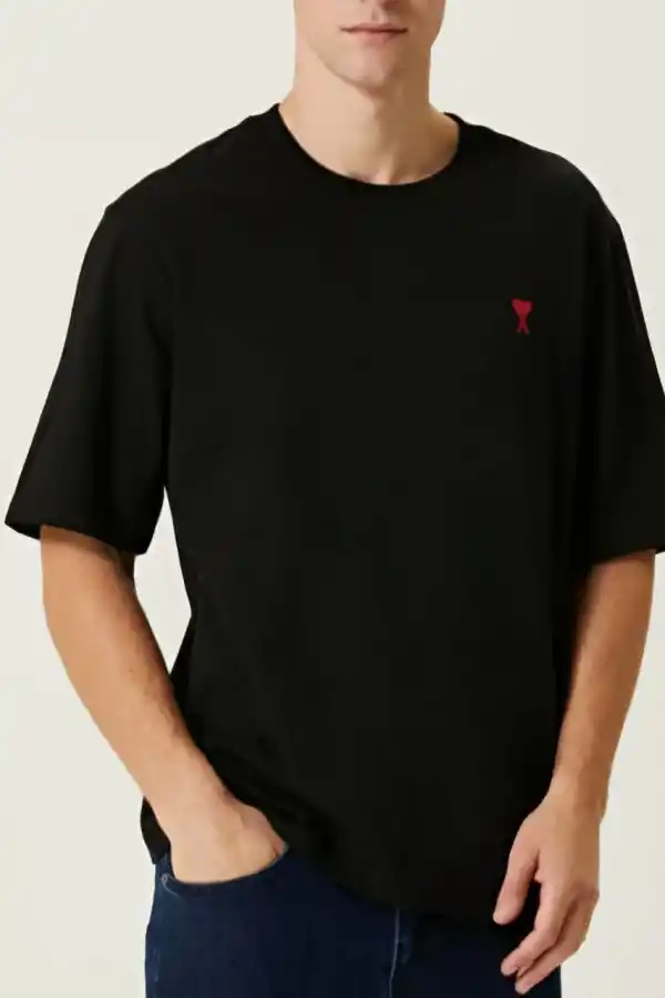 Erkek Kısa Kol Tişört Bisiklet Yaka KALP Baskılı Oversize T-Shirt - Siyah