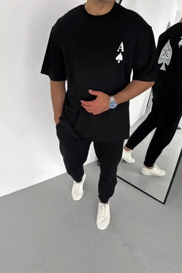 Erkek Baskılı T-Shirt Kısa Kol Bisiklet Yaka Regular Fit Rahat Kalıp Günlük Tişört - Siyah