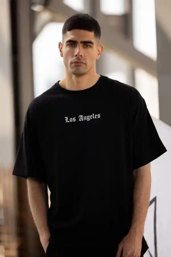 Erkek Kısa Kol Yazlık Tişört Bisiklet Yaka Baskılı Oversize T-Shirt - Siyah