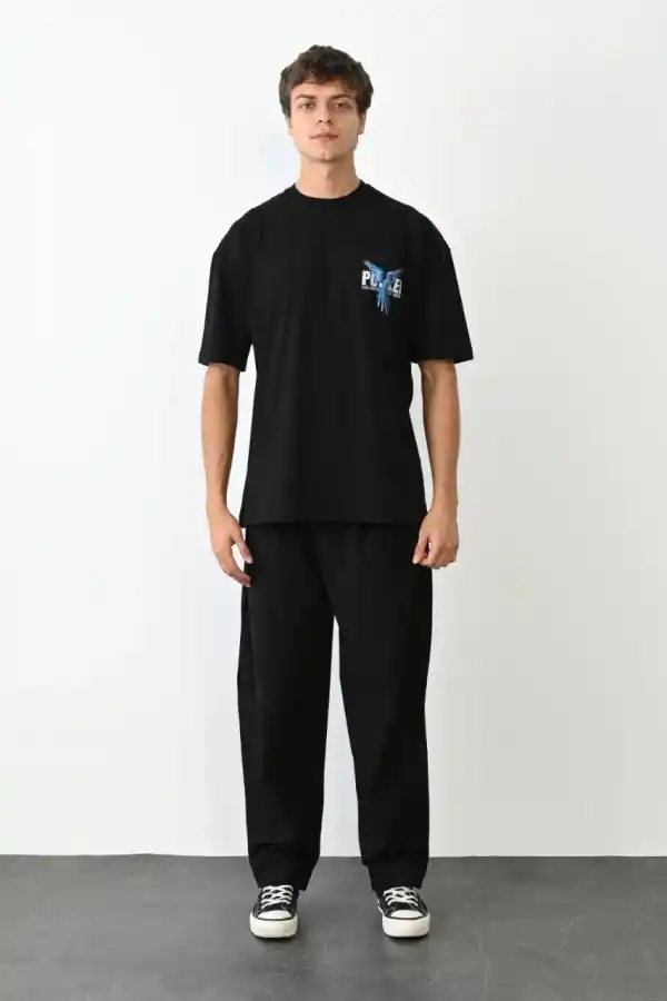 Erkek Baskılı T-Shirt Kısa Kol Bisiklet Yaka Regular Fit Rahat Kalıp Günlük Tişört - Siyah