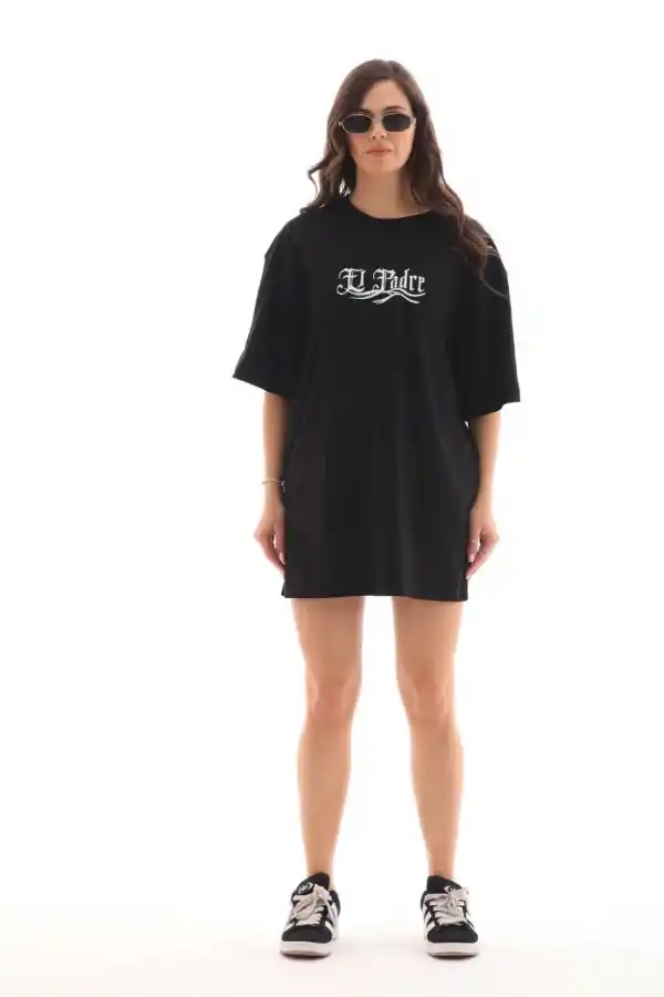 Kadın Kısa Kol Yazlık Tişört Bisiklet Yaka Baskılı Oversize T-Shirt - Siyah