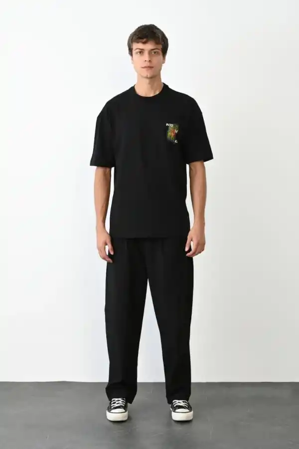 Erkek Kısa Kol Yazlık Tişört Bisiklet Yaka Baskılı Oversize T-Shirt - Siyah