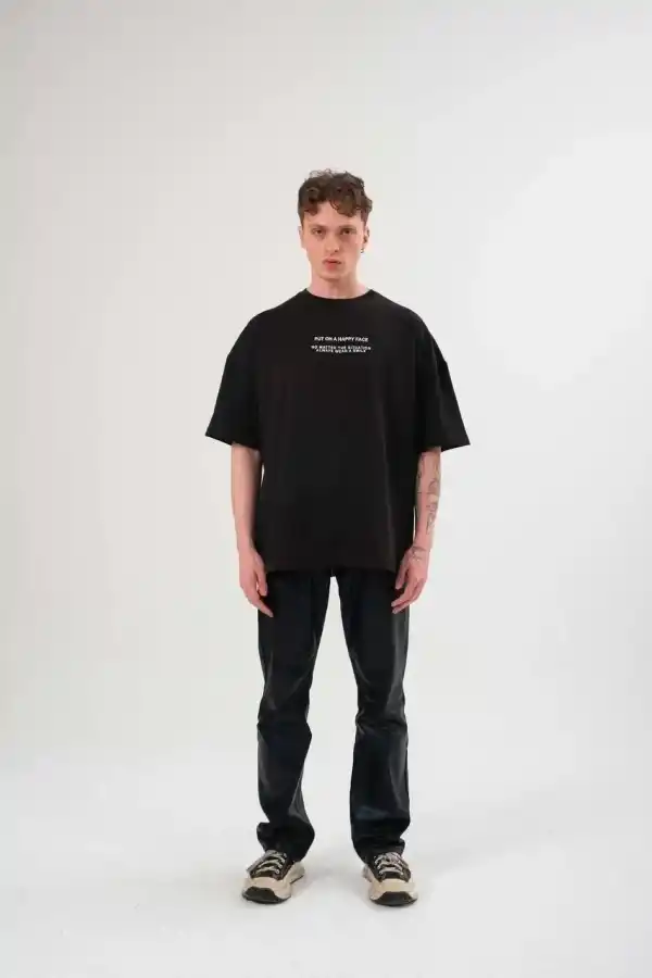 Kadın Baskılı T-Shirt Kısa Kol Bisiklet Yaka Oversize Rahat Kalıp Günlük Tişört   - Siyah