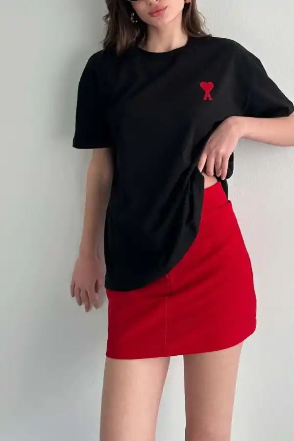 Kadın Tişört Bisiklet Yaka Baskılı Oversize Kısa Kol T-Shirt - Siyah