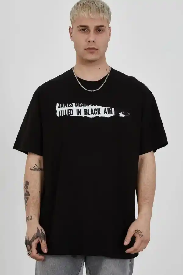 Erkek Kısa Kol Yazlık Tişört Bisiklet Yaka Baskılı Oversize T-Shirt - Siyah