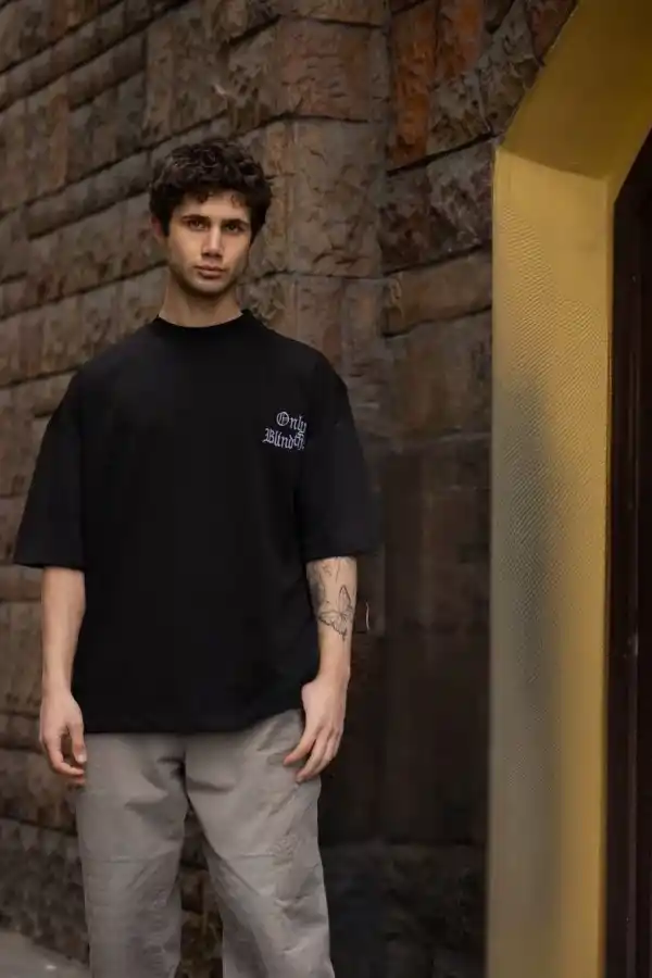 Erkek Kısa Kol Yazlık Tişört Bisiklet Yaka Baskılı Oversize T-Shirt - Siyah