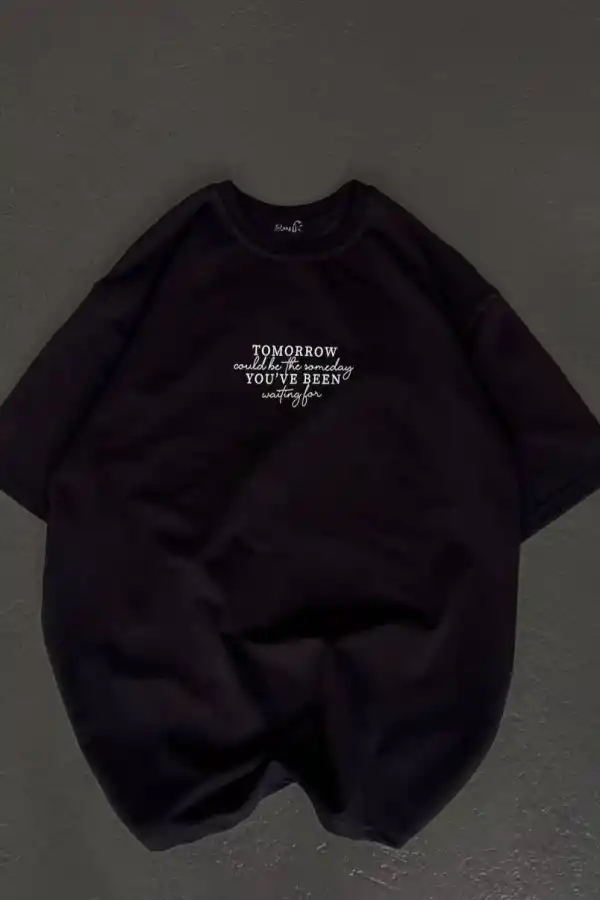 Kadın Baskılı T-Shirt Kısa Kol Bisiklet Yaka Oversize Rahat Kalıp Günlük Tişört   - Siyah