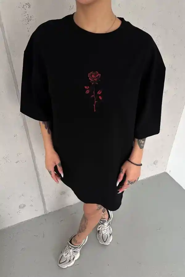 kadın Bisiklet Yaka Baskılı Oversize  Kısa kol T-Shirt - Siyah