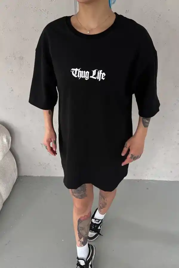 Kadın Kısa Kol Yazlık Tişört Bisiklet Yaka Baskılı Oversize T-Shirt -  Siyah