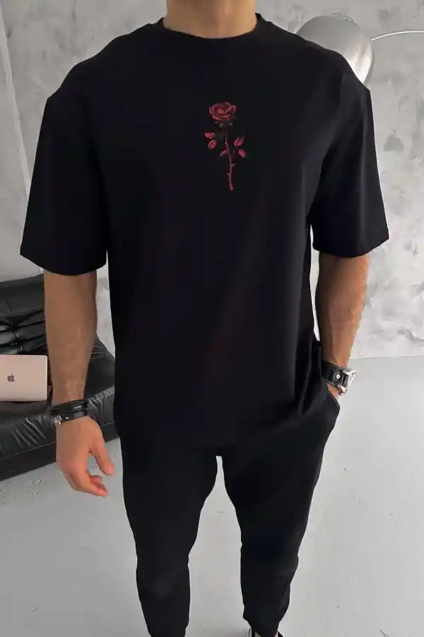 Erkek Bisiklet Yaka Baskılı Oversize  Kısa kol T-Shirt - Siyah