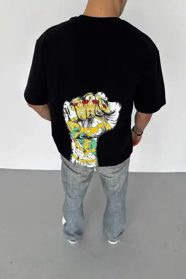 ERKEK Tişört Bisiklet Yaka Baskılı Oversize T-Shirt - Siyah