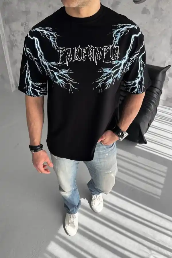 Erkek Bisiklet Yaka Tişört Yıldırım Şimşek Baskılı Kısa Kol T-Shirt -Siyah