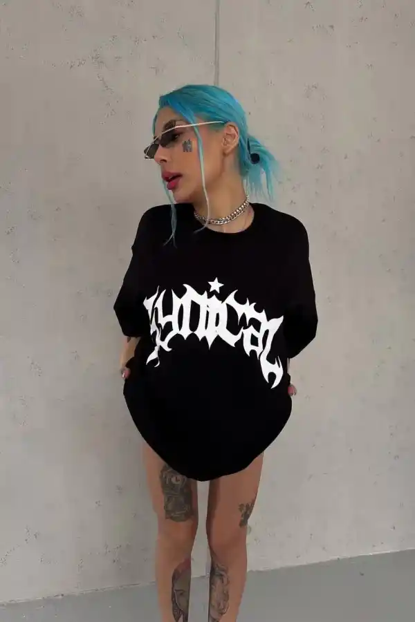 kadın Bisiklet Yaka Baskılı Oversize Kısa kol  T-Shirt - Siyah