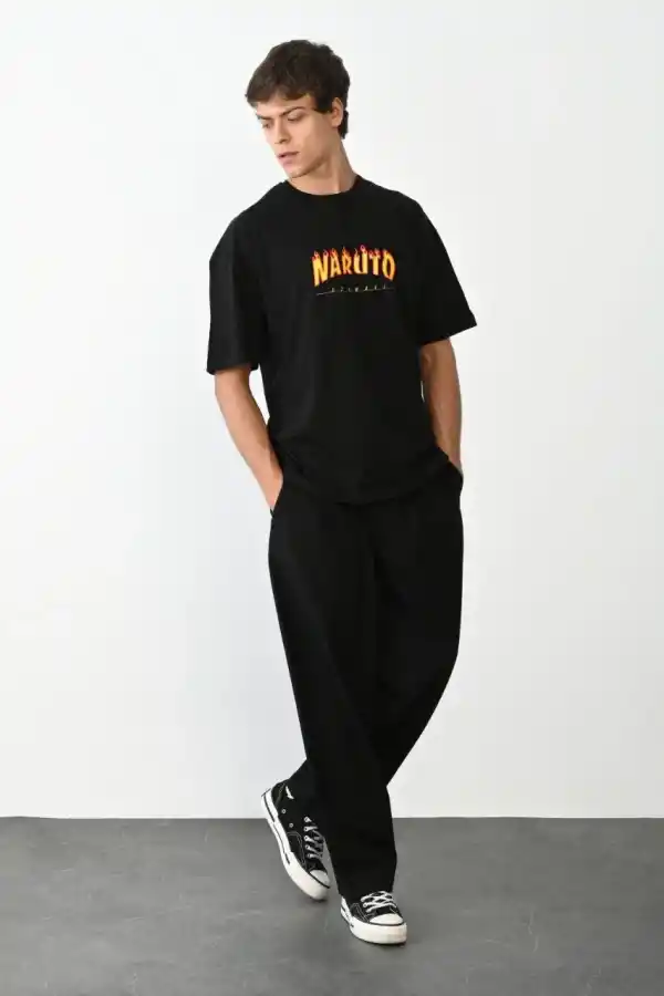 Erkek Baskılı T-Shirt Kısa Kol Bisiklet Yaka Regular Fit Rahat Kalıp Günlük Tişört - Siyah
