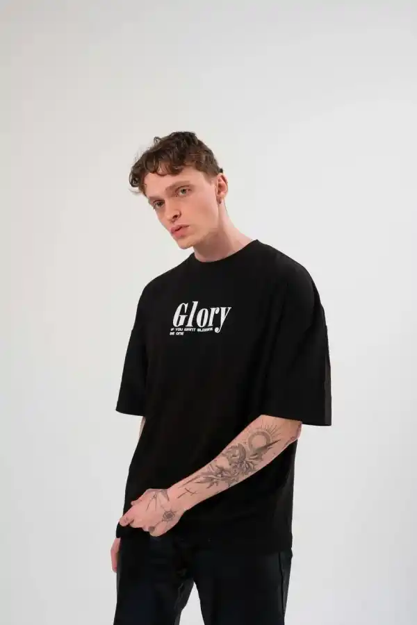 Erkek Kısa Kol Yazlık Tişört Bisiklet Yaka Baskılı Oversize T-Shirt -  Siyah