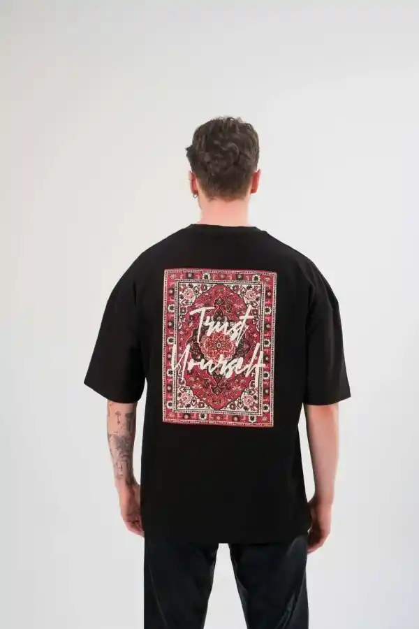 Erkek Kısa Kol Yazlık Tişört Bisiklet Yaka Baskılı Oversize T-Shirt - Siyah