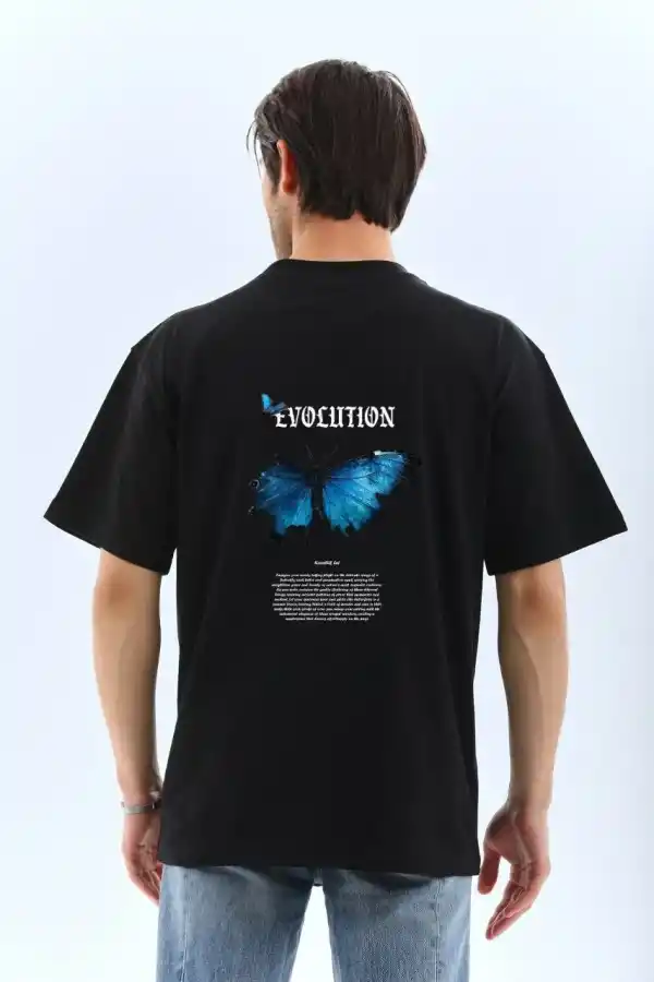 Erkek Kısa Kol Yazlık Tişört Bisiklet Yaka KELEBEK Baskılı  T-Shirt - Siyah