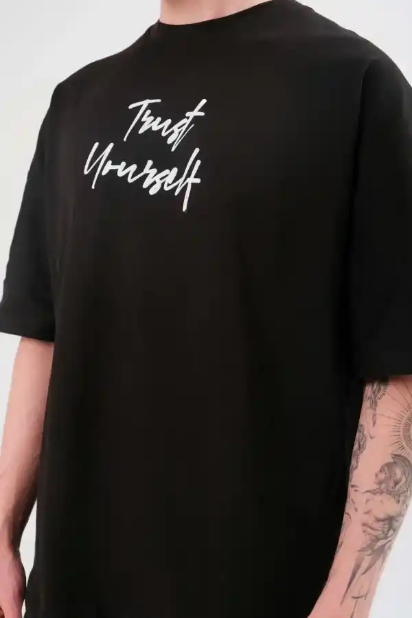 Erkek Kısa Kol Yazlık Tişört Bisiklet Yaka Baskılı Oversize T-Shirt -  Siyah