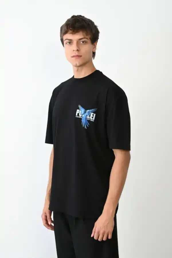 Erkek Baskılı T-Shirt Kısa Kol Bisiklet Yaka Regular Fit Rahat Kalıp Günlük Tişört - Siyah