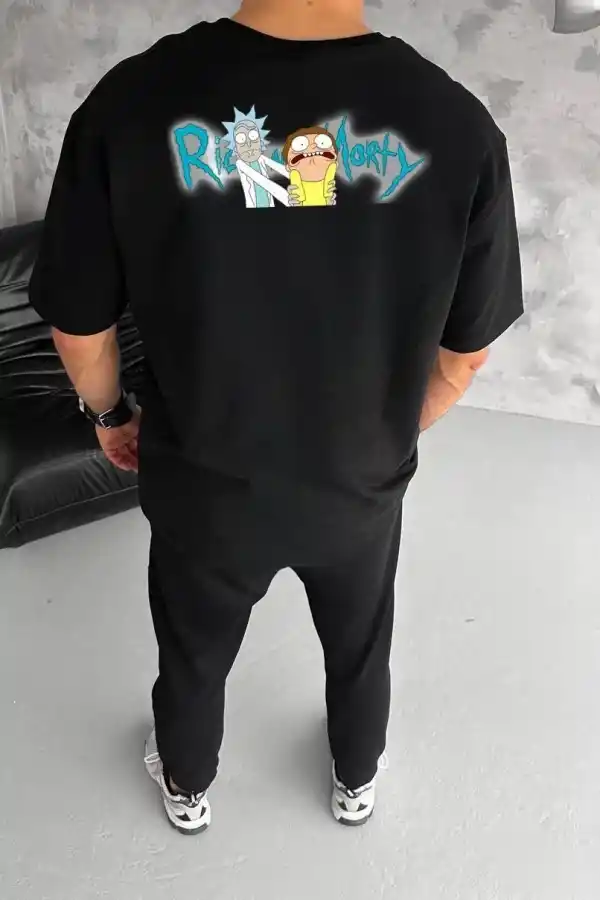 Erkek Kısa Kol Tişört Bisiklet Yaka RİCK AND MORTY Baskılı T-Shirt - Siyah